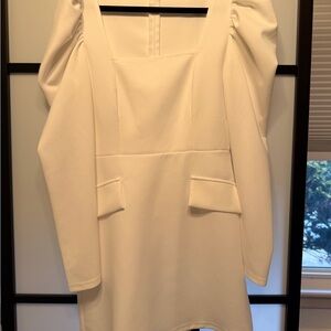 Cream Square-Neck Puff-Sleeve Mini Dress